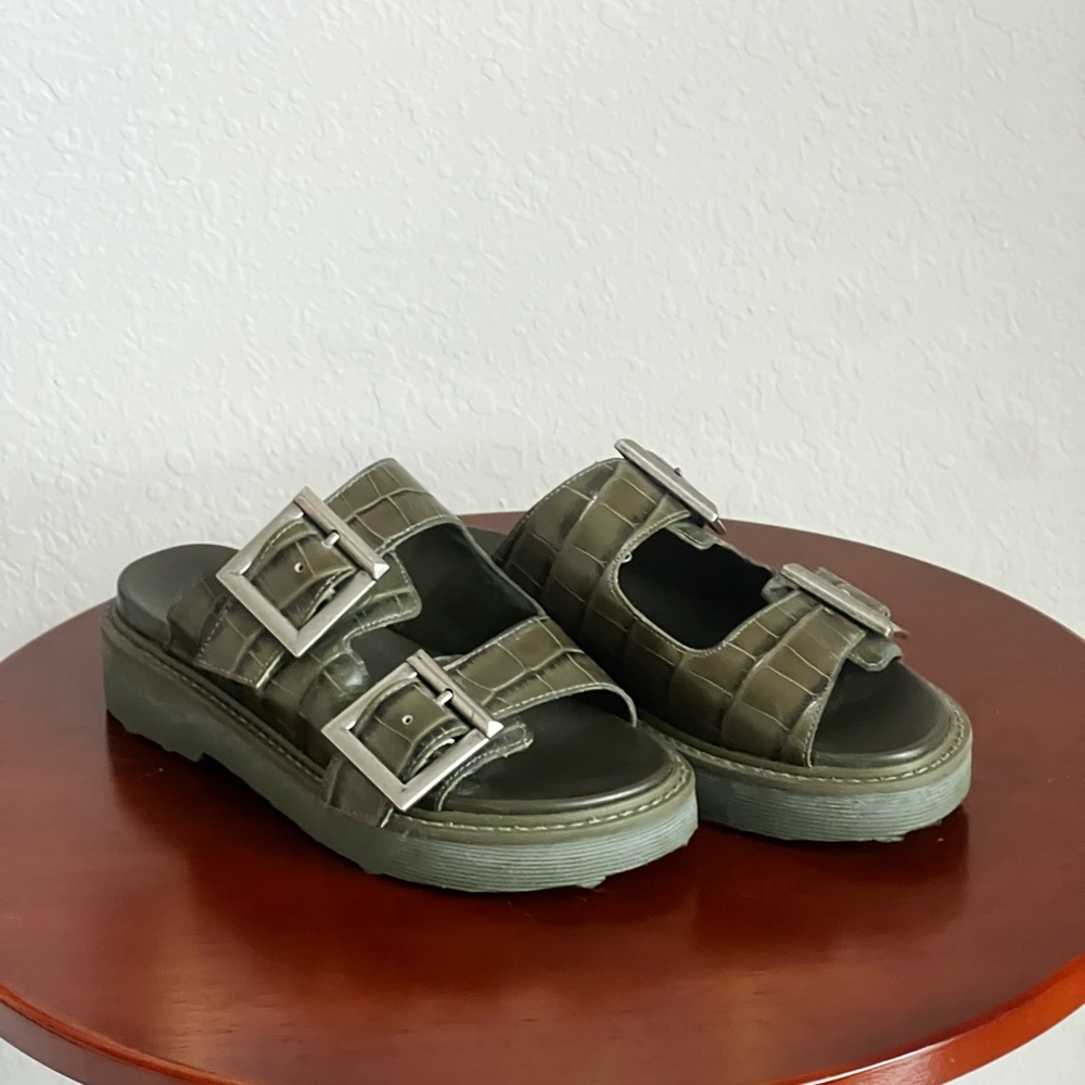 SCHUTZ Olive Croc-Embossed Double Buckle Slide Mules